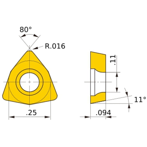 WPMT 21.51 MV MC6025, 0.4 mm Corner Radius, 2.38 mm Thick, 6.35 mm Inscribed Circle, Turning Indexable Insert