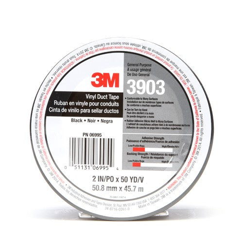 3M Vinyl Duct Tape 3903 Black 2″ × 50 yd 6.5 mil 2 Individually Wrapped Conveniently Packaged - Industrial Tool & Supply