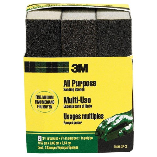 ‎3M General Purpose Sanding Sponge 908NA-3P-CC 3 3/4″ × 2 5/8″ × 1″ Dual Grit Fine/Medium - Industrial Tool & Supply
