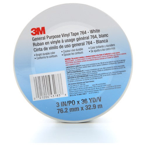 3M General Purpose Vinyl Tape 764 White 3″ × 36 yd 5 mil Individually Wrapped Conveniently Packaged - Industrial Tool & Supply
